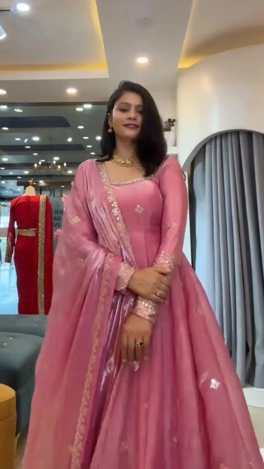 Glowing Pink Fendy Silk Sequins Thread Work Gown - Image 2
