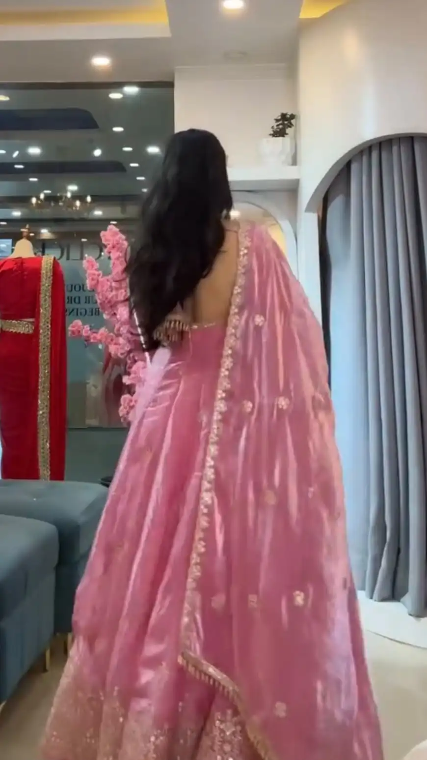 Glowing Pink Fendy Silk Sequins Thread Work Gown