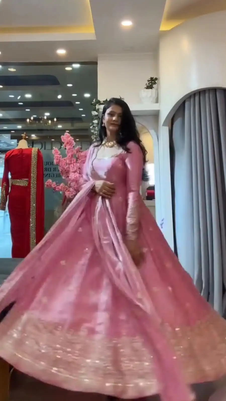 Glowing Pink Fendy Silk Sequins Thread Work Gown - Image 4