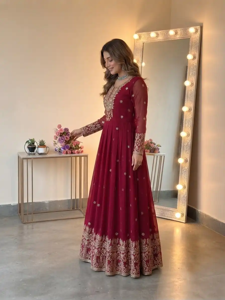 Glowing Red Georgette Embroidery Sequins Work Gown - Image 6