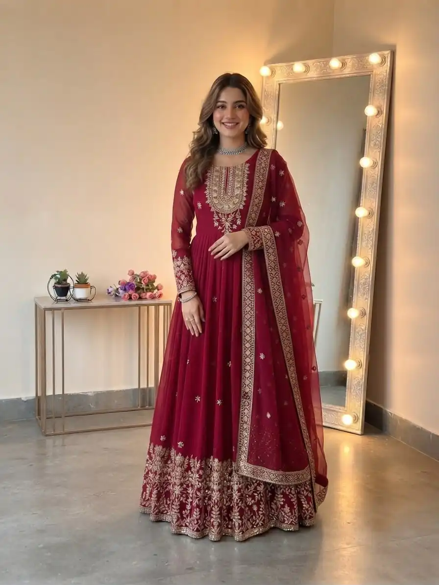Glowing Red Georgette Embroidery Sequins Work Gown - Image 9