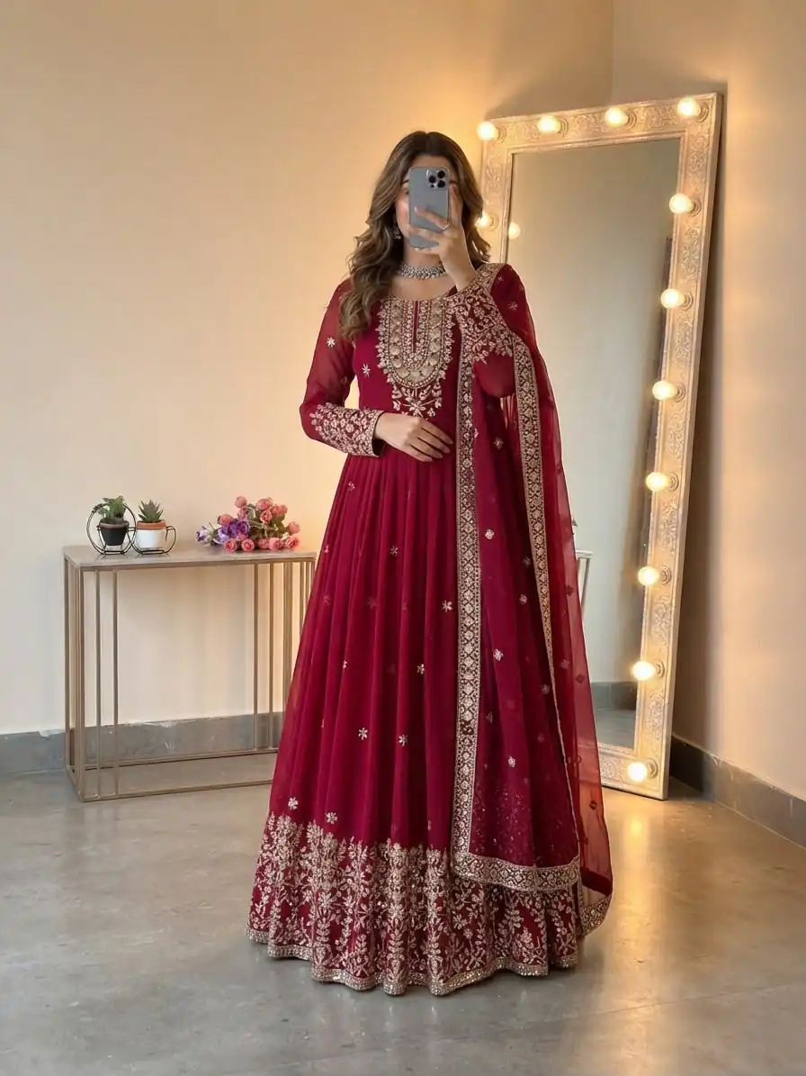 Glowing Red Georgette Embroidery Sequins Work Gown - Image 7