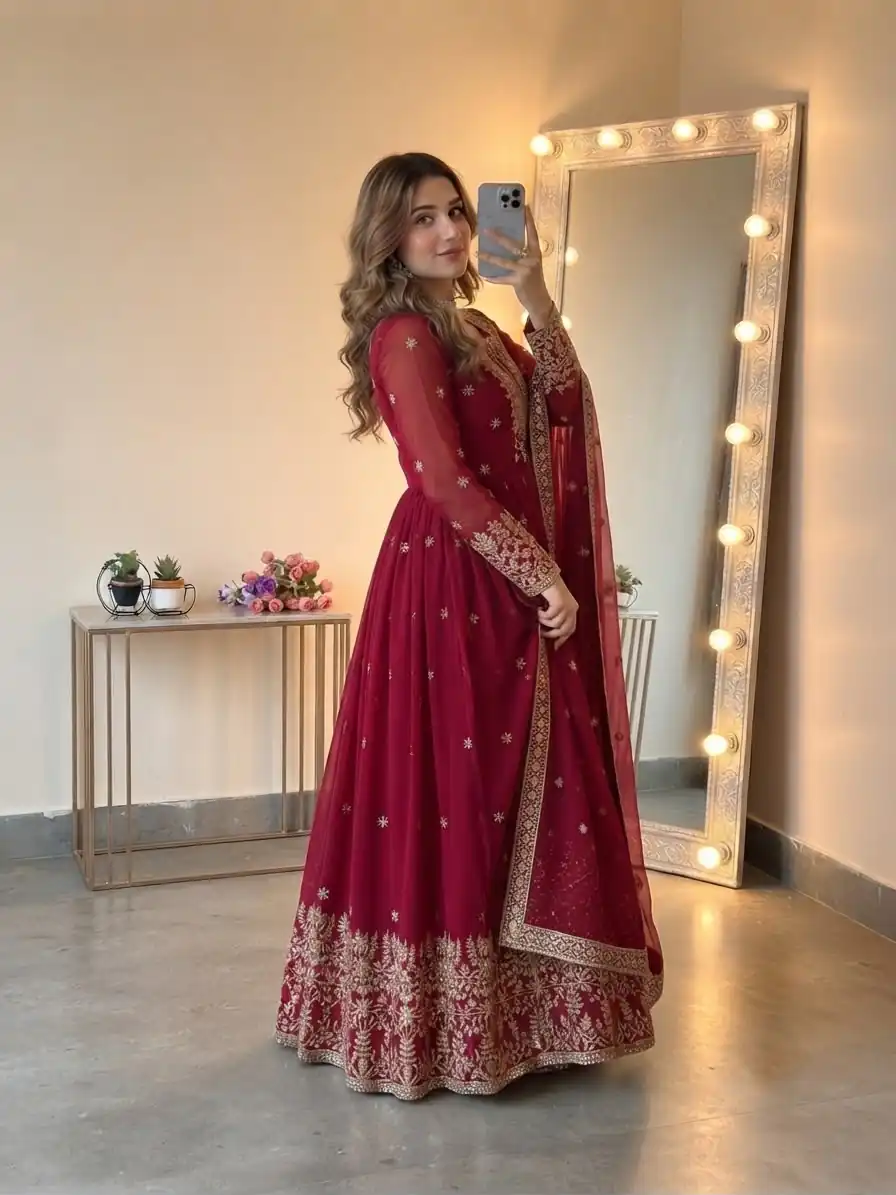 Glowing Red Georgette Embroidery Sequins Work Gown - Image 5