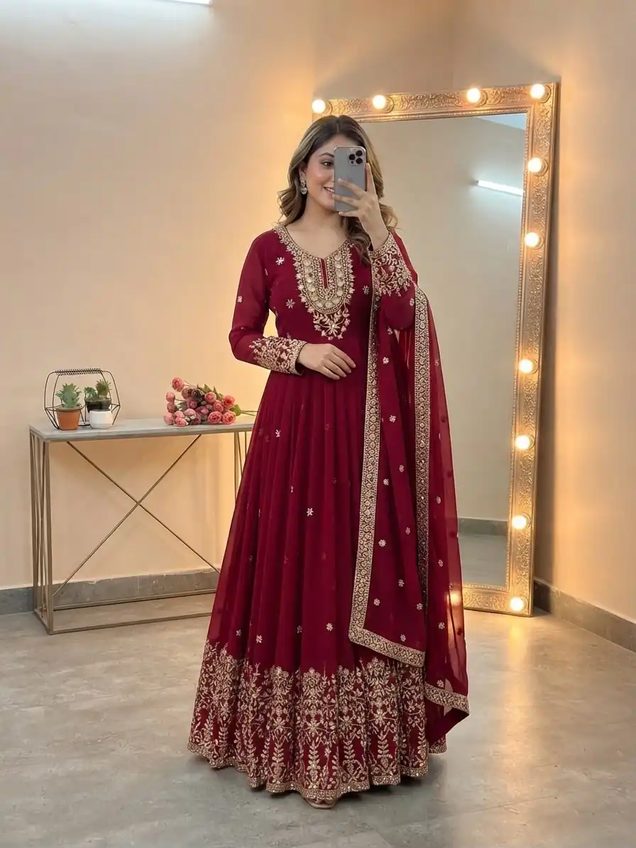 Glowing Red Georgette Embroidery Sequins Work Gown - Image 4