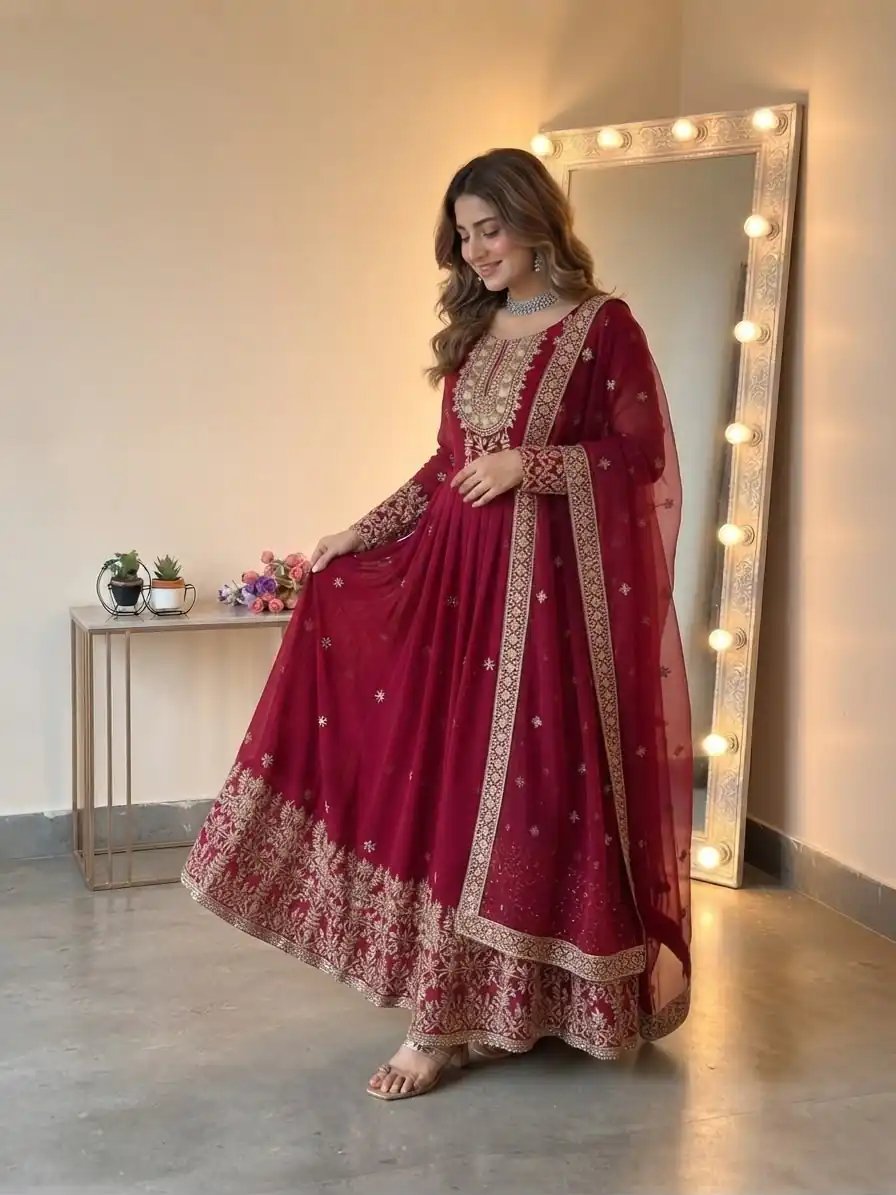 Glowing Red Georgette Embroidery Sequins Work Gown - Image 3