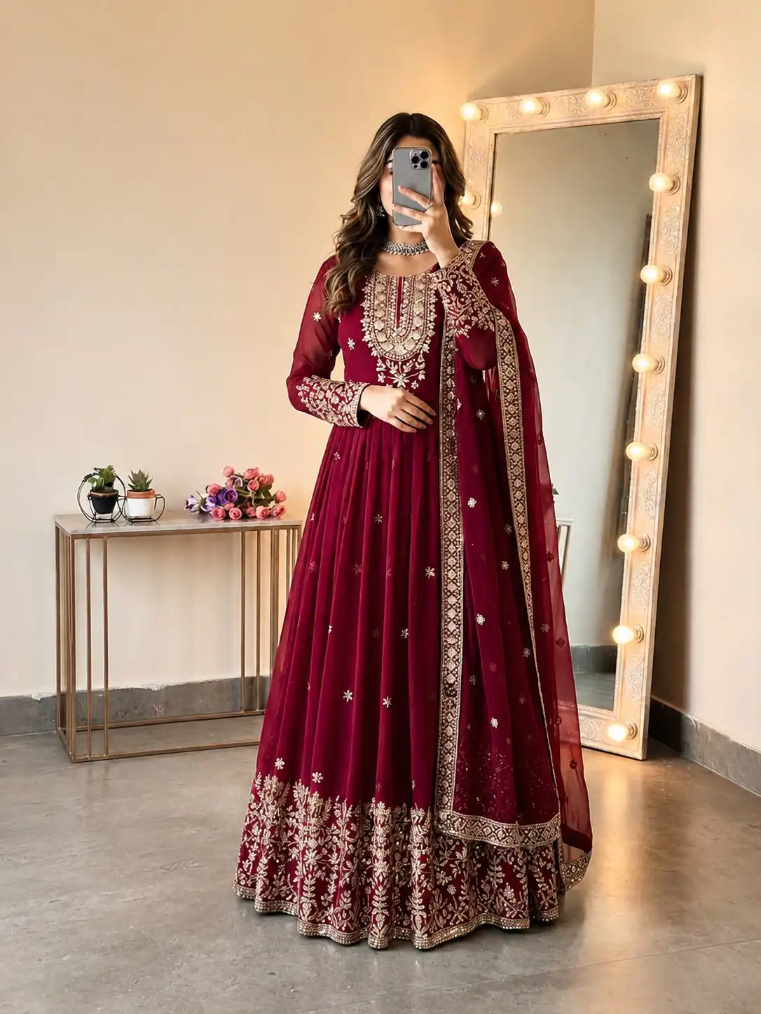 Glowing Red Georgette Embroidery Sequins Work Gown