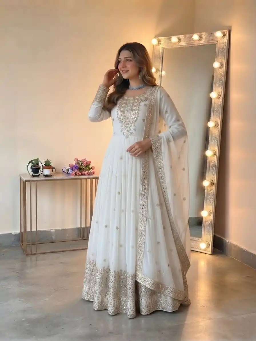Glowing White Georgette Embroidery Sequins Work Gown - Image 5