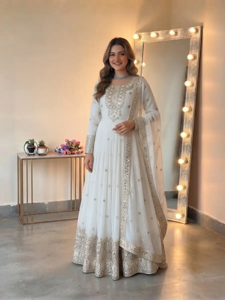 Glowing White Georgette Embroidery Sequins Work Gown - Image 4