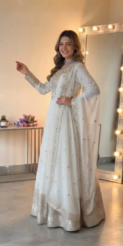 Alternative view of Glowing White Georgette Embroidery Sequins Work Gown