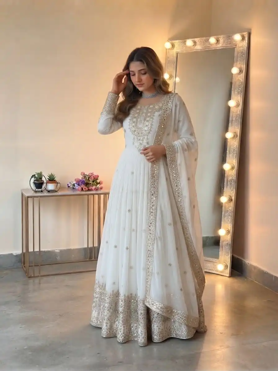 Glowing White Georgette Embroidery Sequins Work Gown