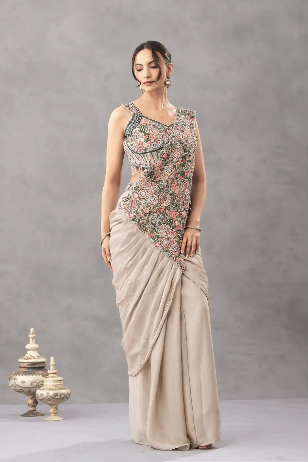 Gorgeous Chiku Chinon Embroidery Work Saree - Image 2