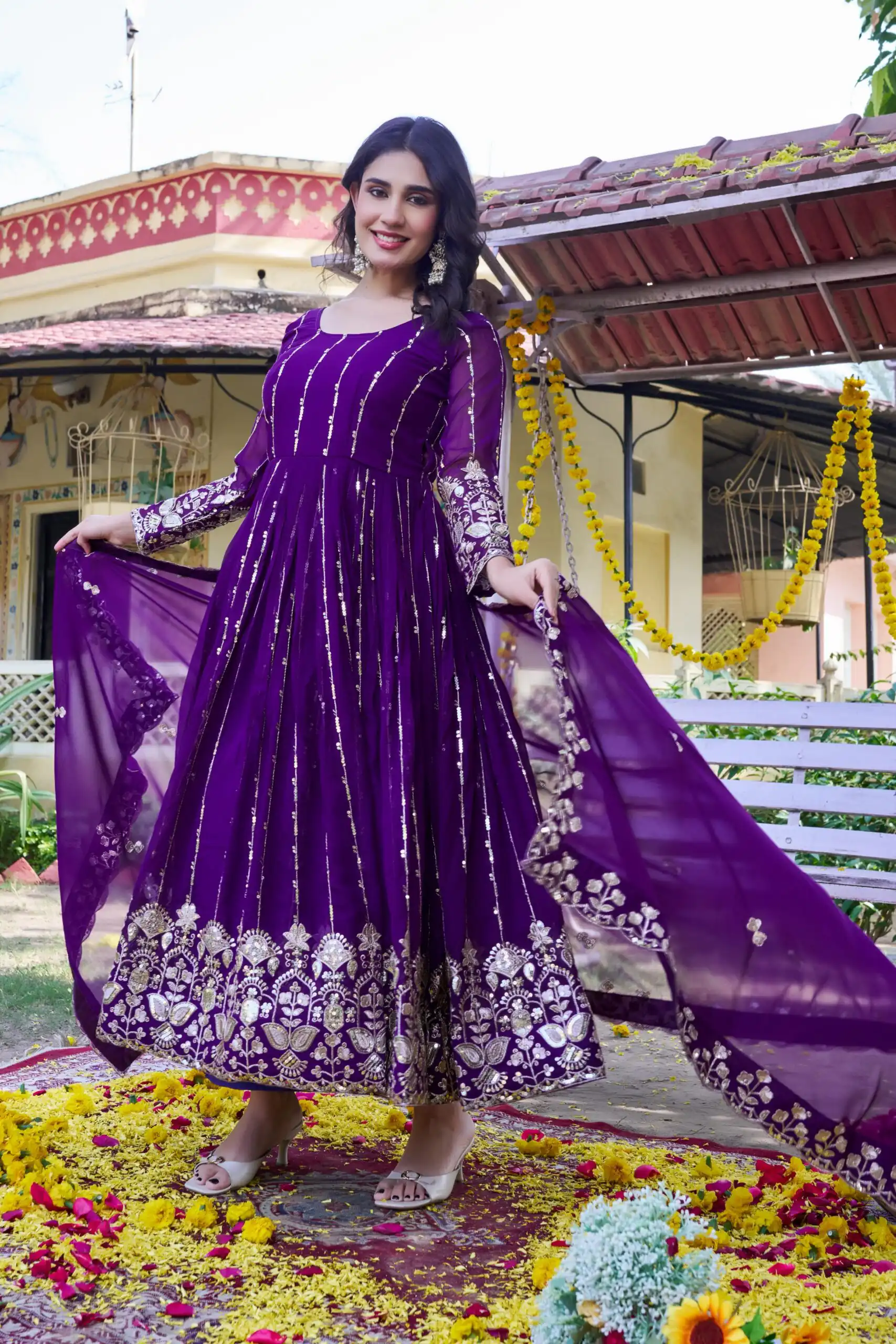 Great Purple Fox Georgette Embroidery Sequins Work Gown - Image 3