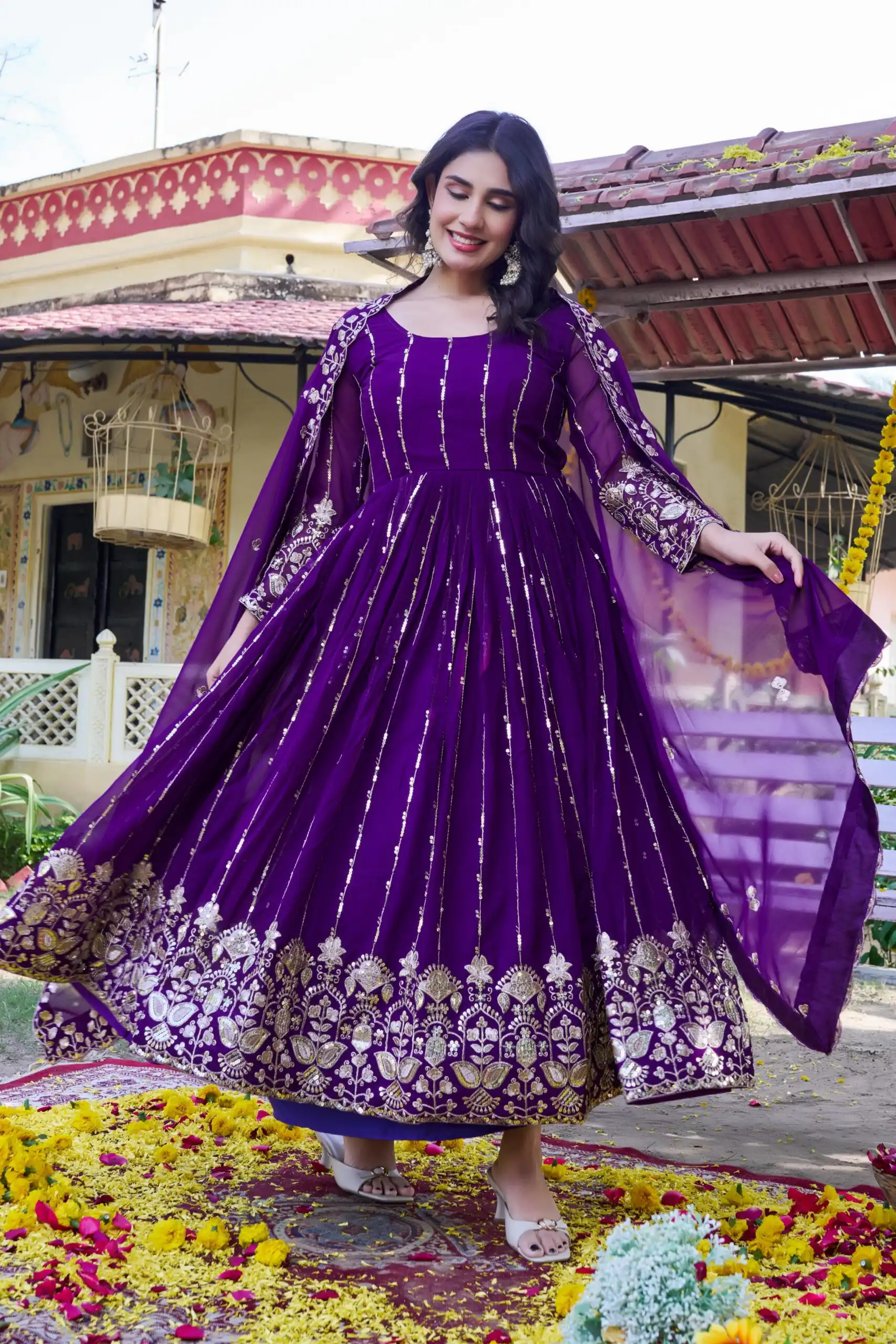 Great Purple Fox Georgette Embroidery Sequins Work Gown - Image 2