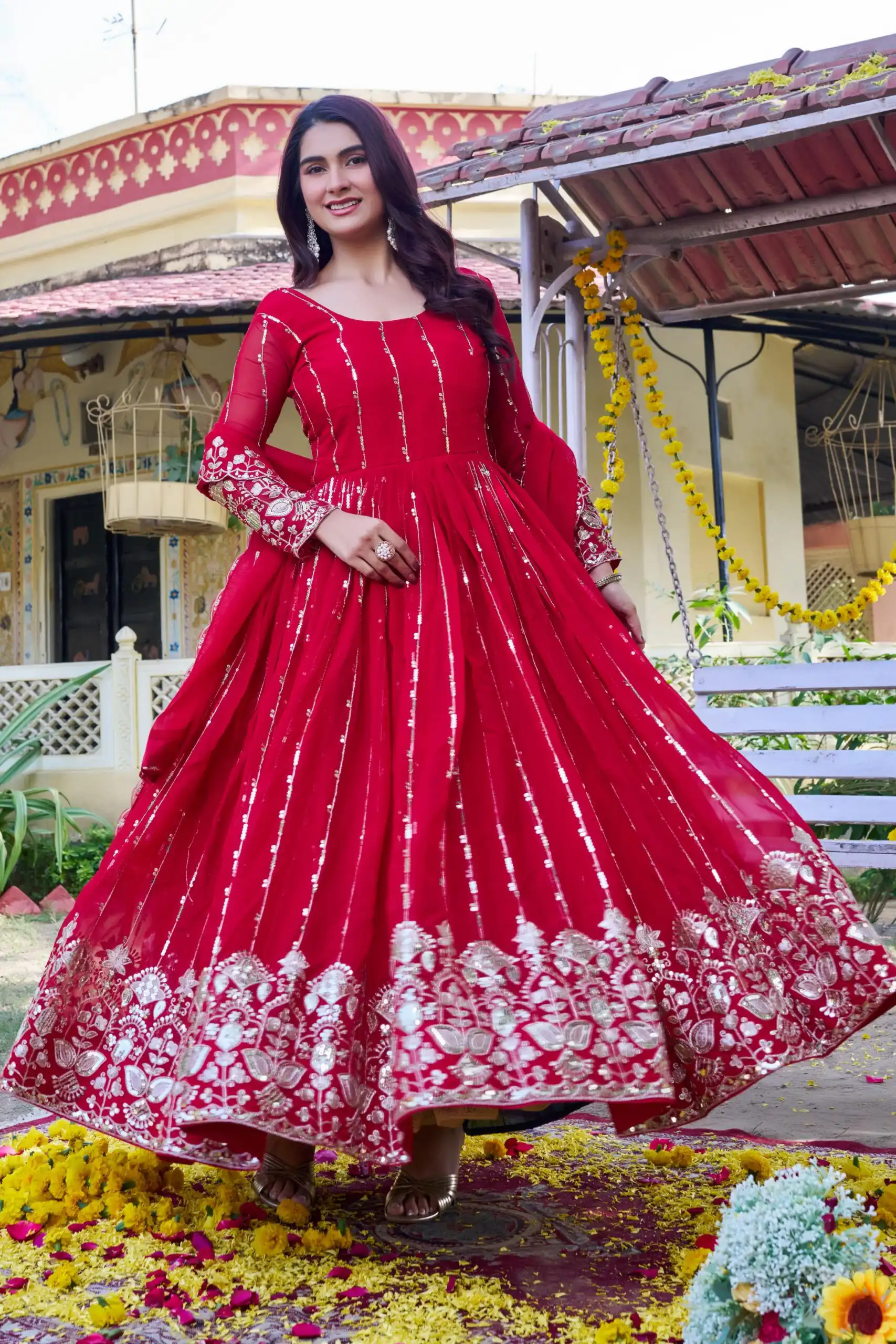 Great Red Fox Georgette Embroidery Sequins Work Gown