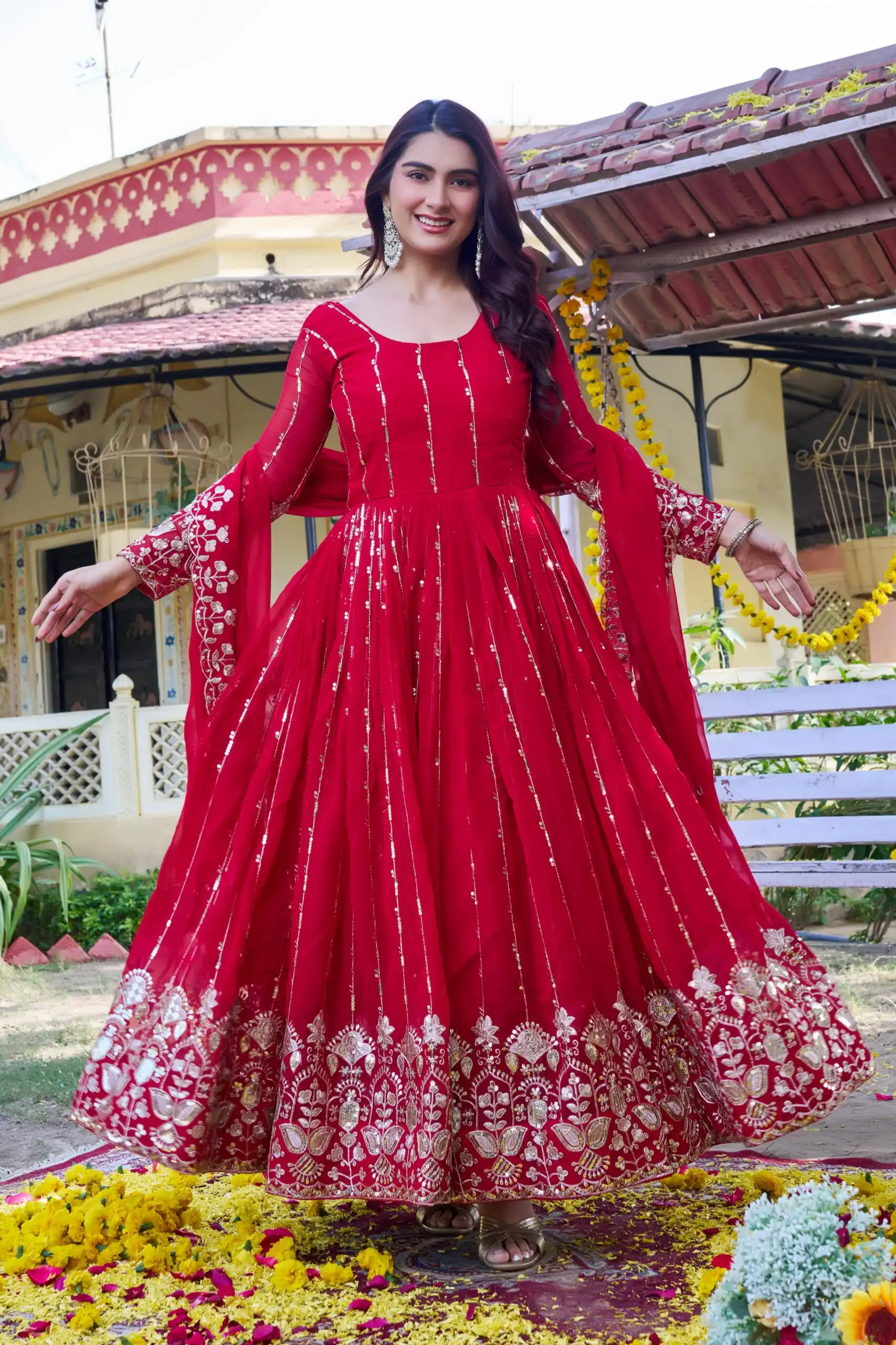 Great Red Fox Georgette Embroidery Sequins Work Gown - Image 3