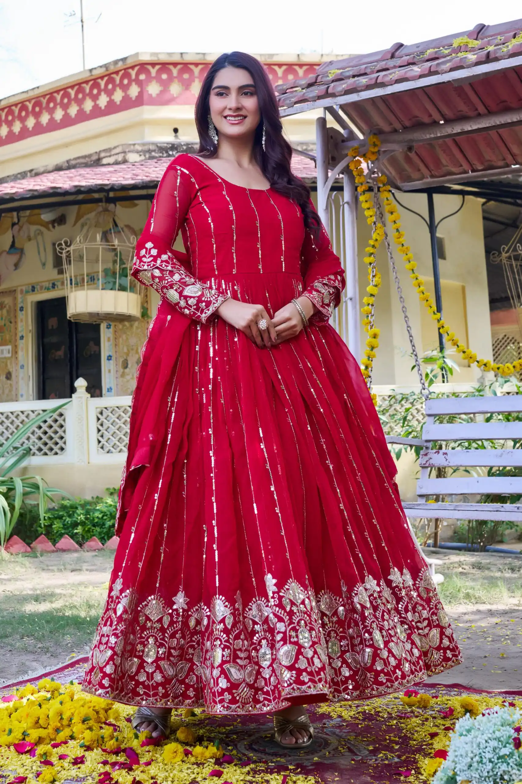 Great Red Fox Georgette Embroidery Sequins Work Gown - Image 4
