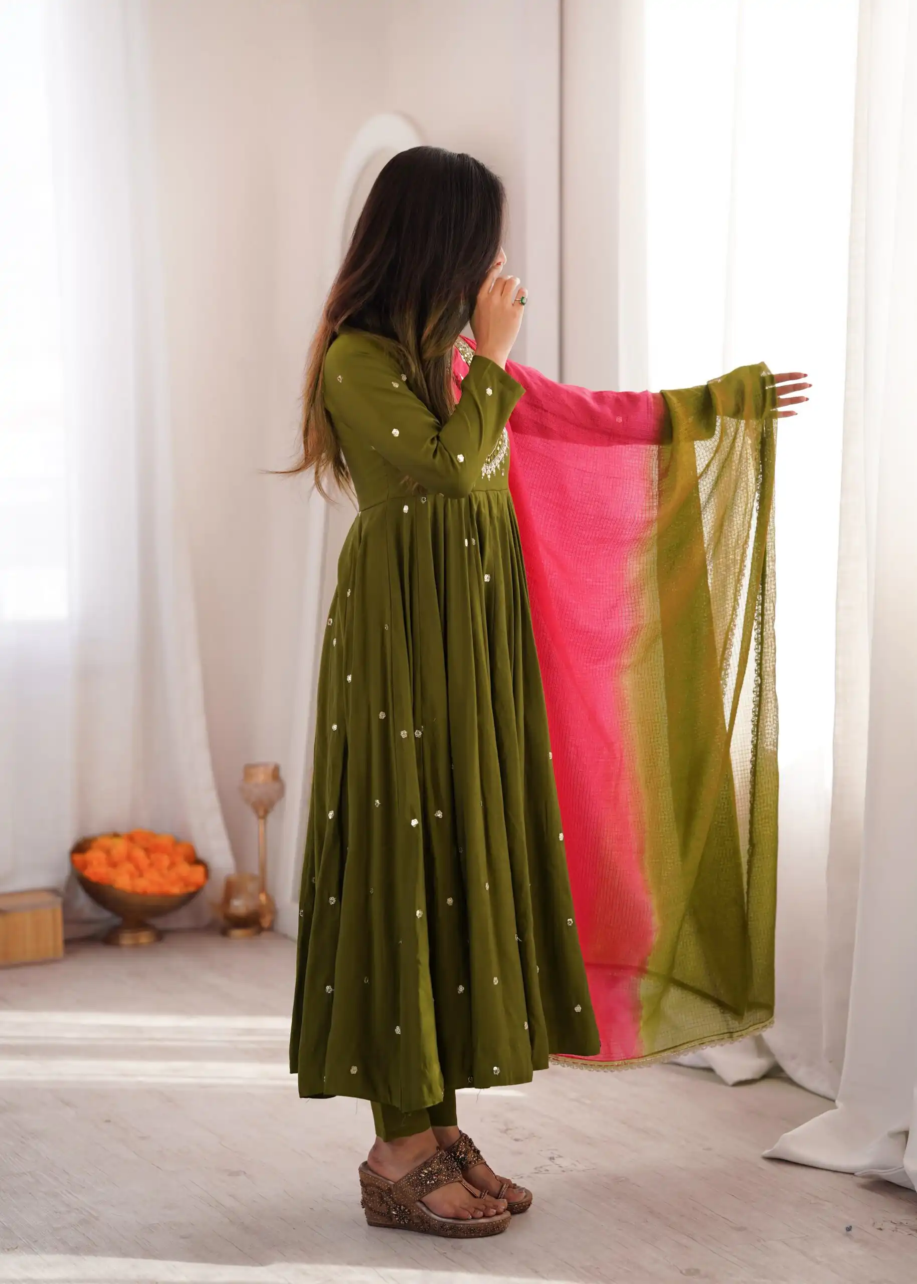 Lovely Mehandi Roman Silk Mirror Embroidery Work Gown - Image 10