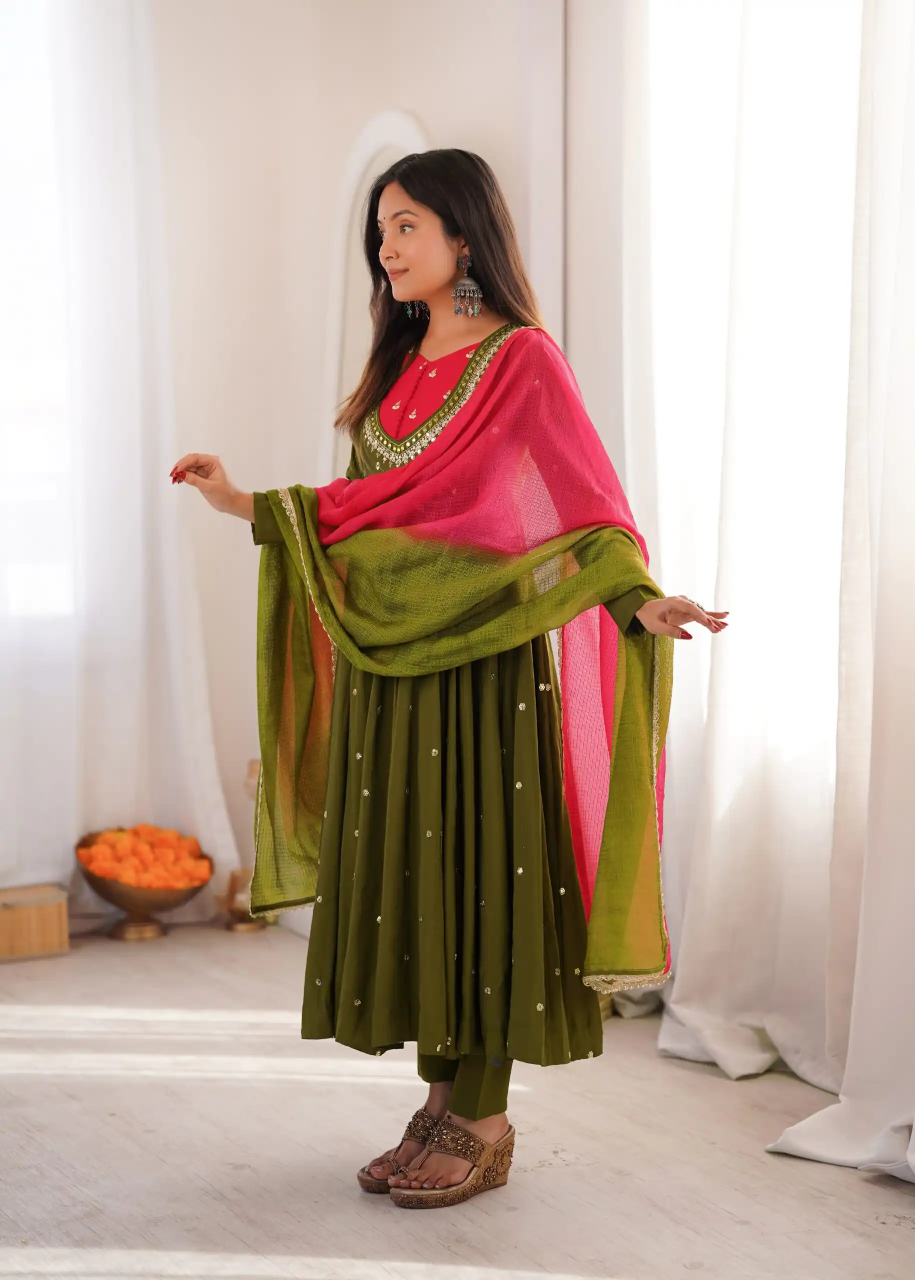 Lovely Mehandi Roman Silk Mirror Embroidery Work Gown