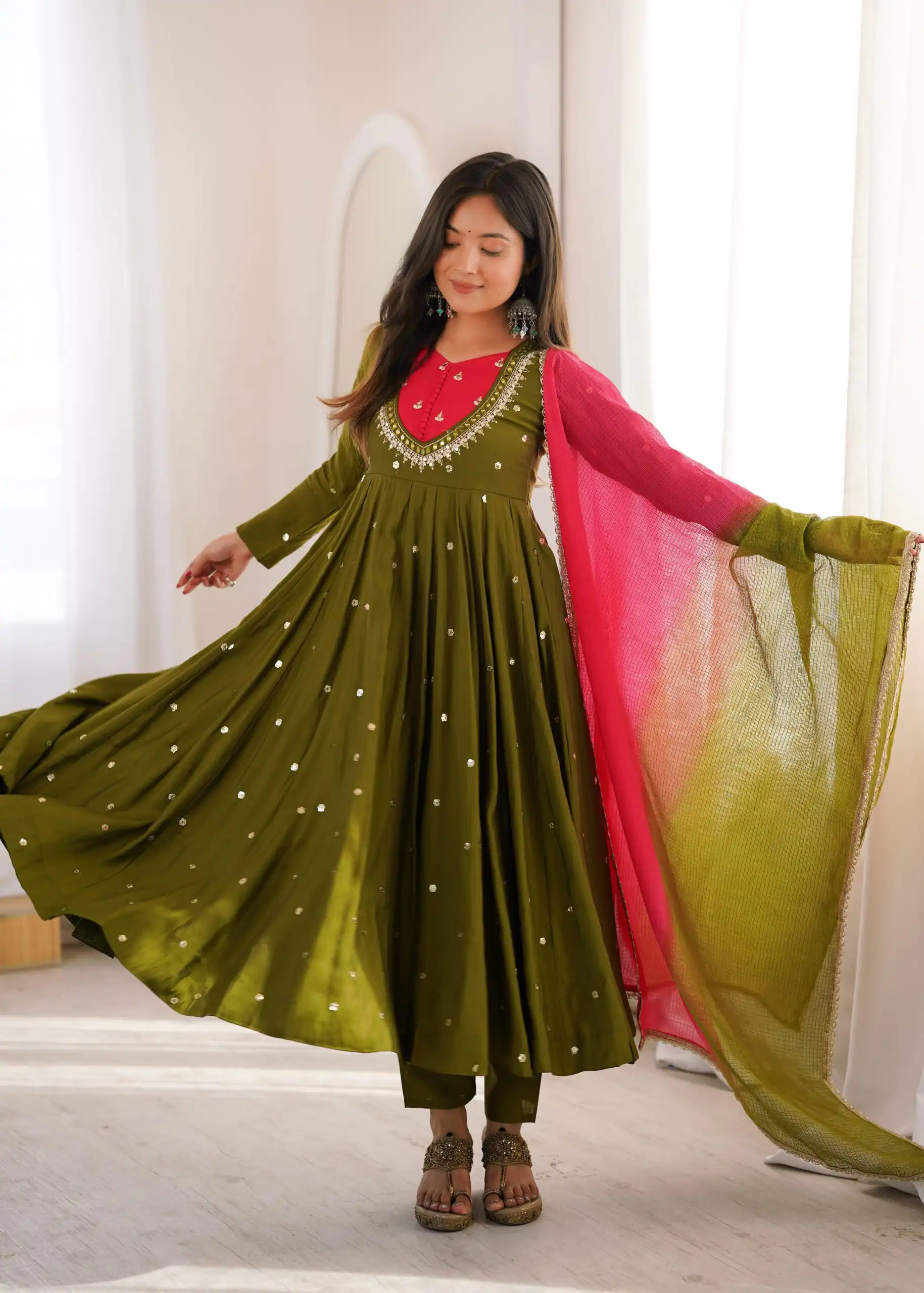 Lovely Mehandi Roman Silk Mirror Embroidery Work Gown - Image 5