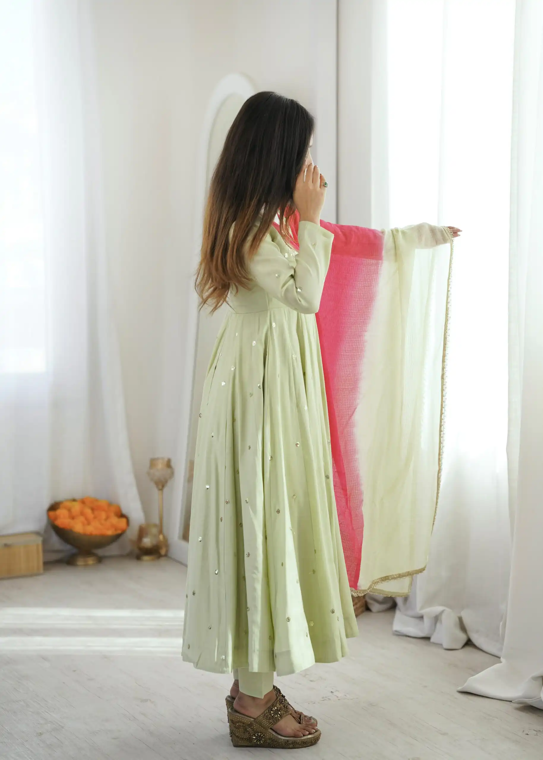 Lovely Pista Roman Silk Mirror Embroidery Work Gown - Image 4