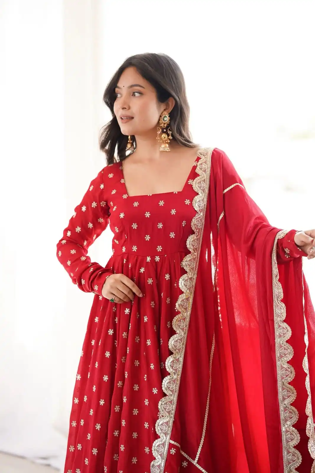 Lovely Red Chinon Silk Sequence Zari Work Salwar Suit - Image 4