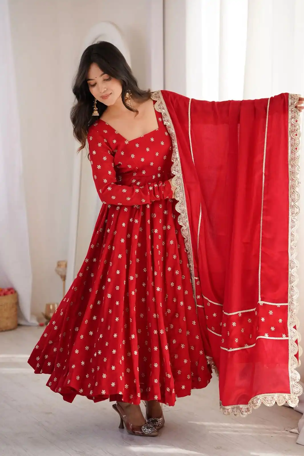 Lovely Red Chinon Silk Sequence Zari Work Salwar Suit - Image 3