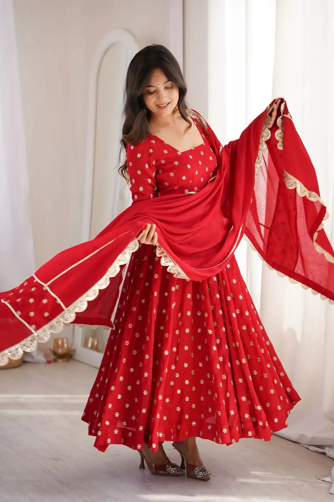 Lovely Red Chinon Silk Sequence Zari Work Salwar Suit - Image 2