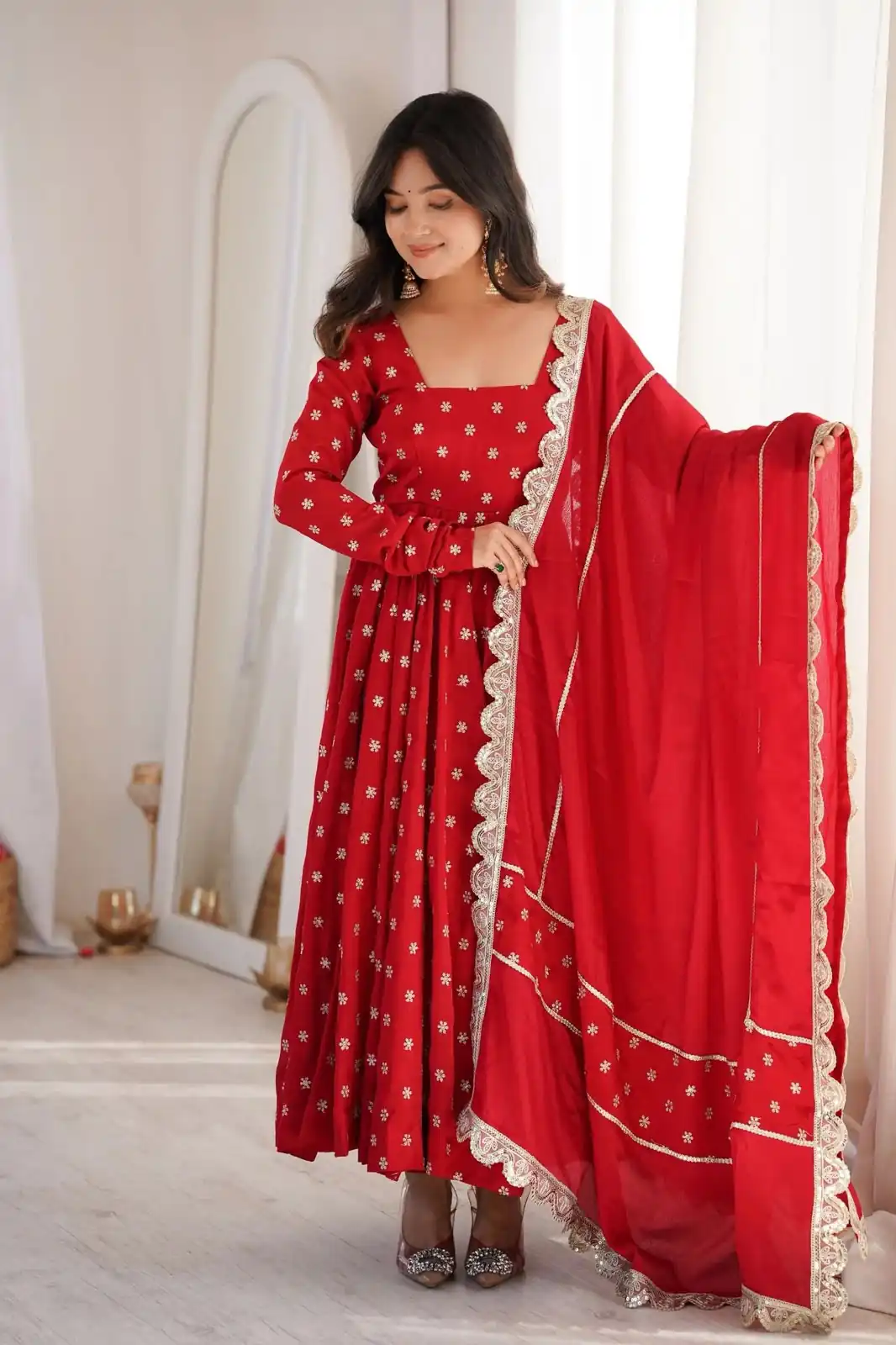 Lovely Red Chinon Silk Sequence Zari Work Salwar Suit