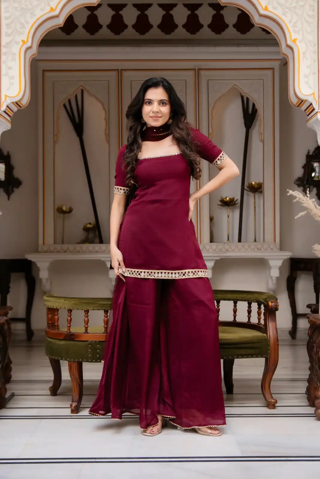 Magical Maroon Faux Georgette Mirror Work Salwar Suit - Image 4