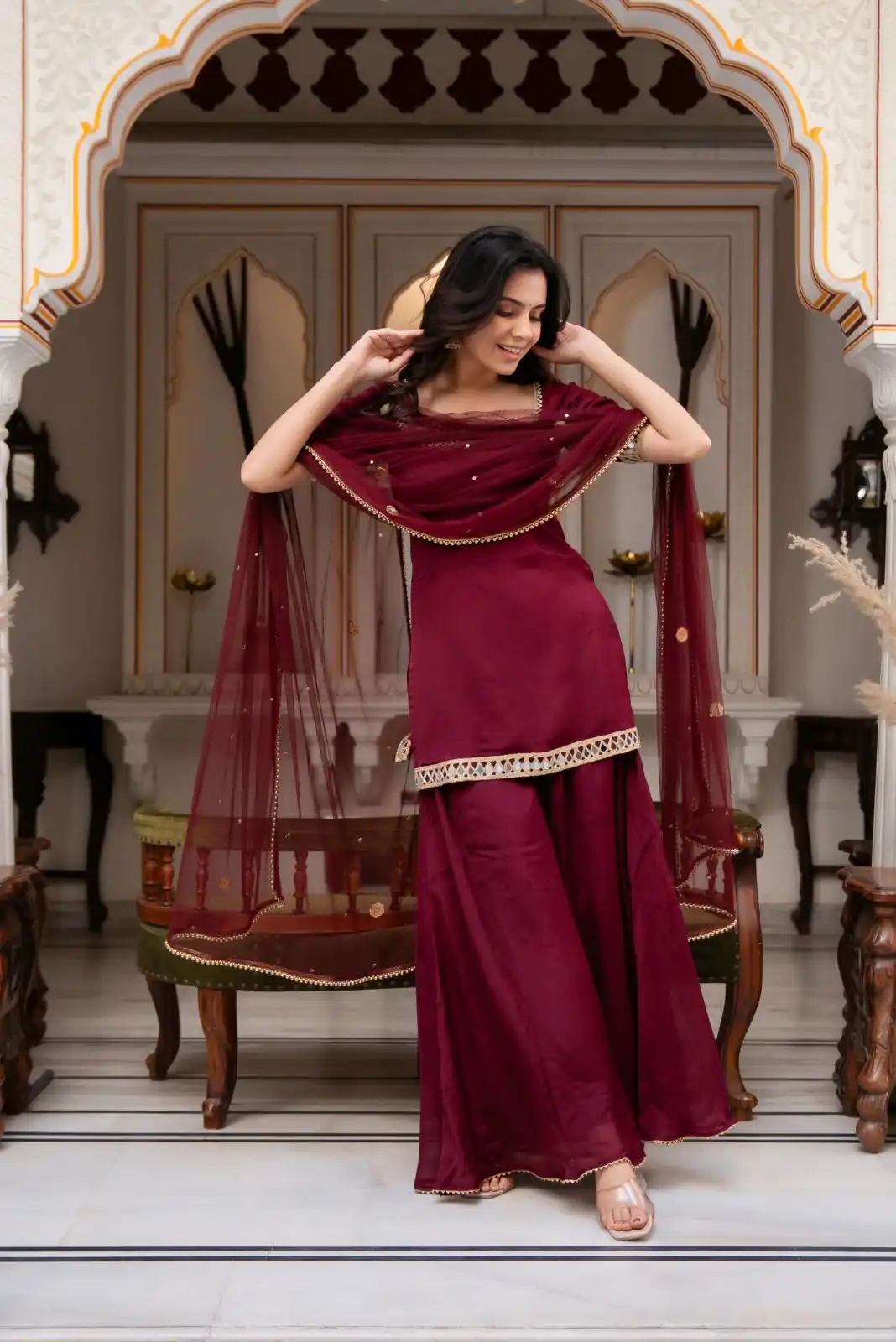 Magical Maroon Faux Georgette Mirror Work Salwar Suit