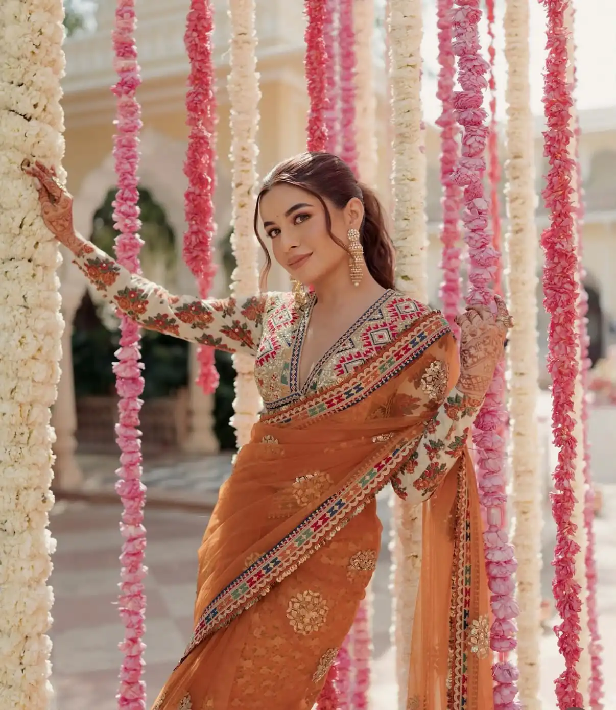 Magical Mustered Butterfly Net Embroidery Work Saree