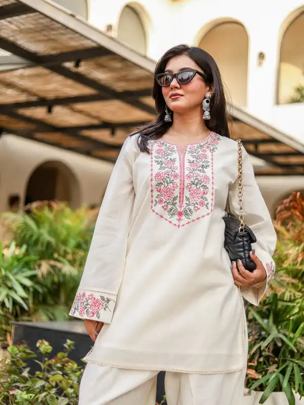 Nice Off White Khadi Cotton Embroidery Work Salwar Suit - Image 3