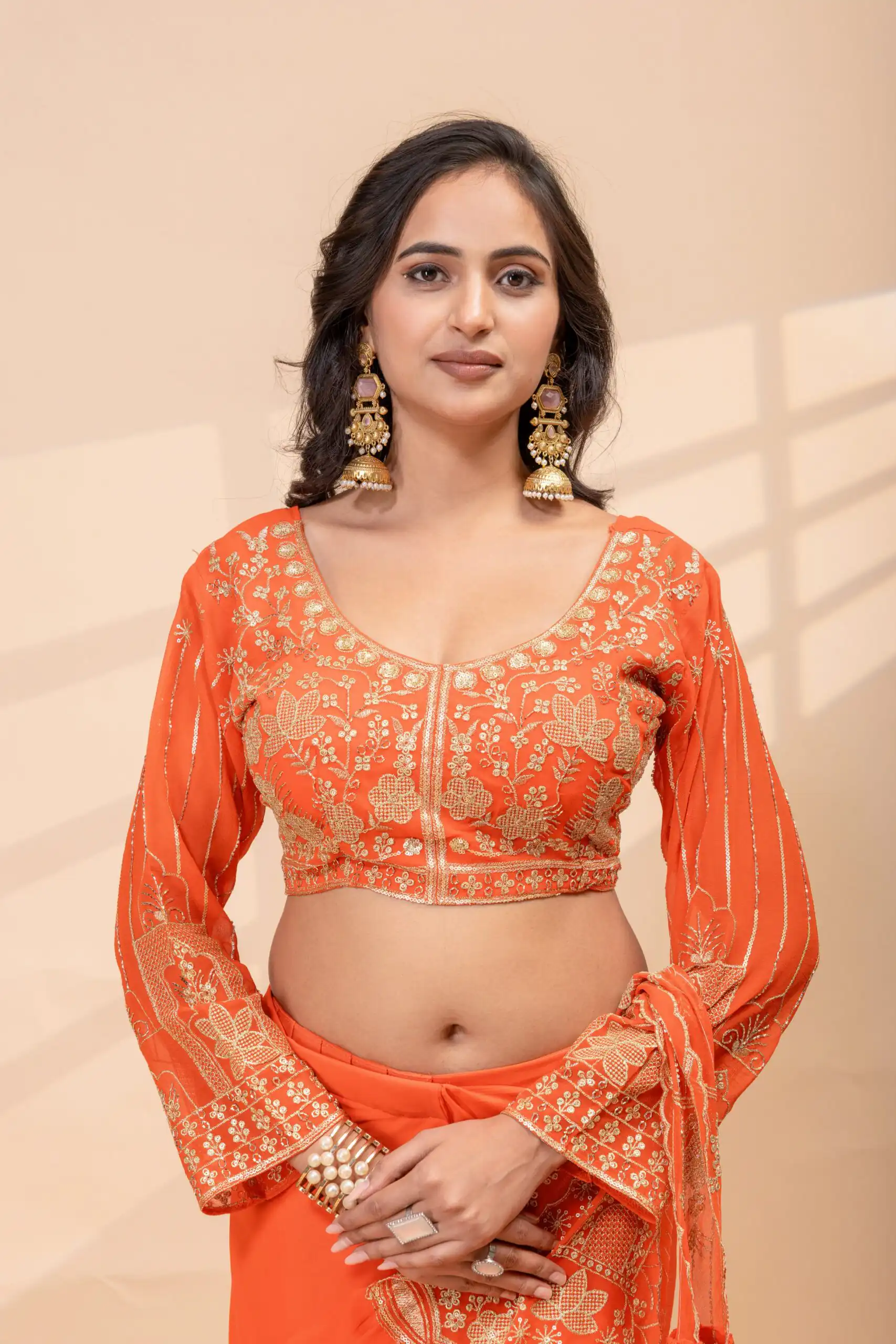 Nice Orange Faux Georgette Embroidery Bead Work Saree - Image 3