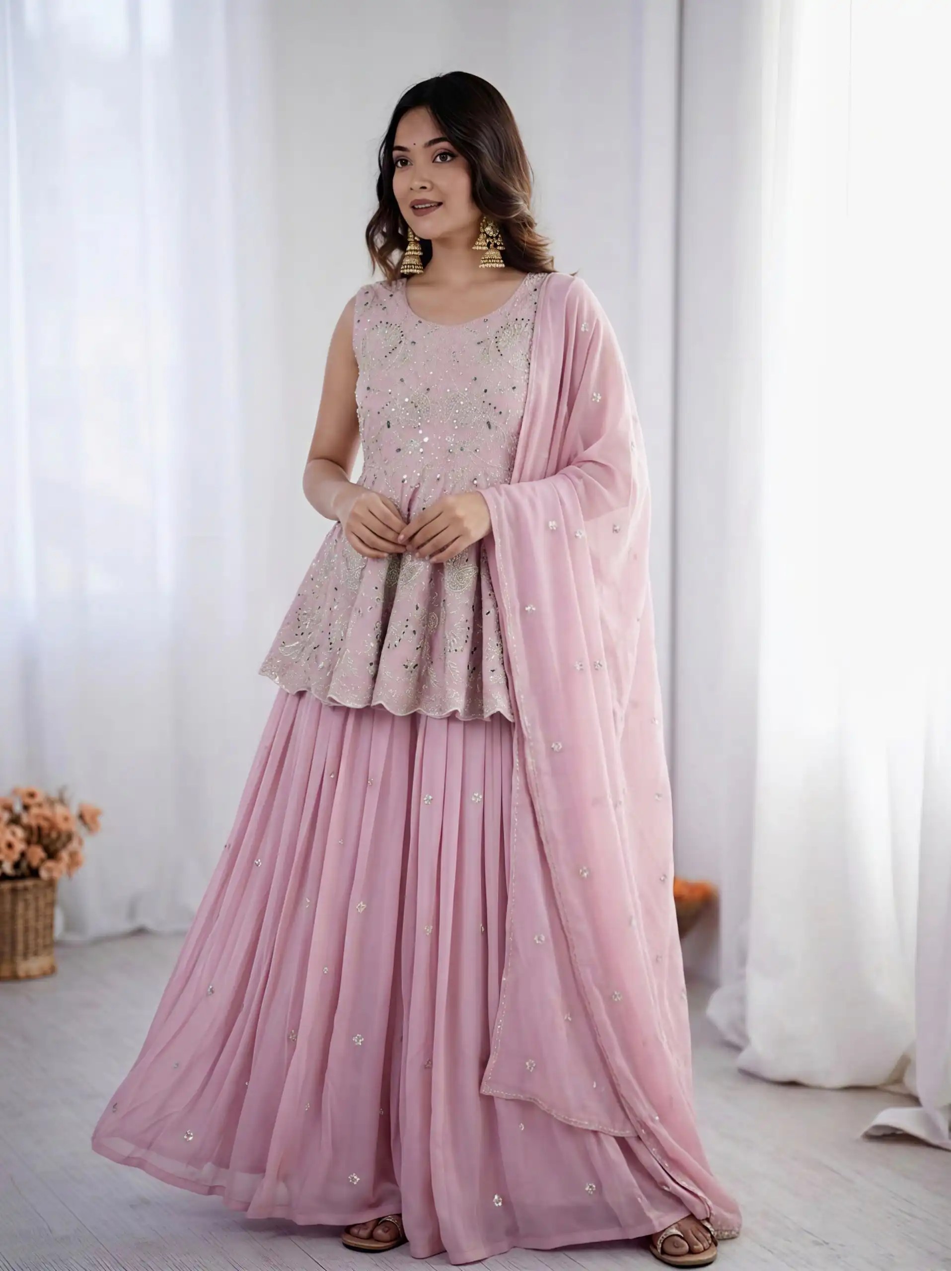 Nice Pink Faux Georgette Silk ⁠Embroidery Work Lehenga Choli - Image 2
