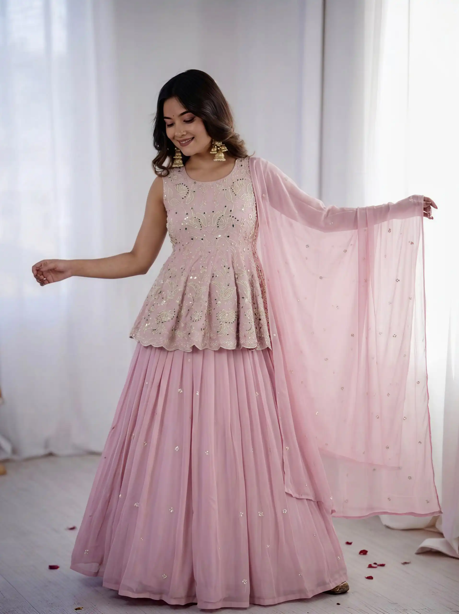Nice Pink Faux Georgette Silk ⁠Embroidery Work Lehenga Choli
