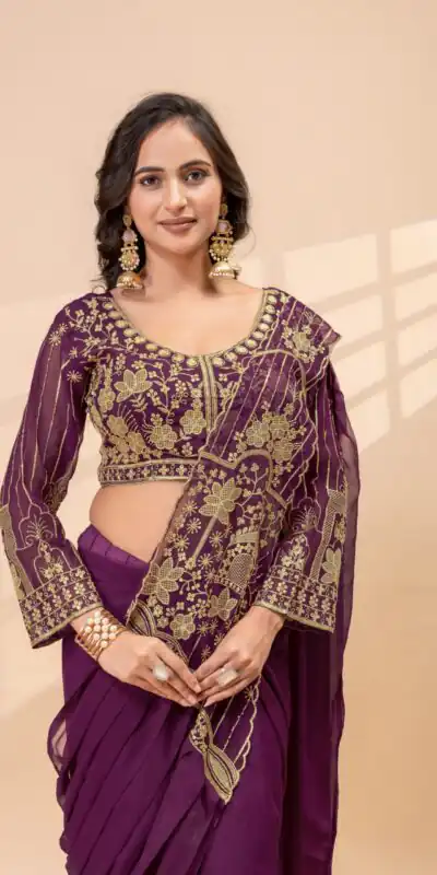 Alternative view of Nice Wine Faux Georgette Embroidery Bead Work Saree