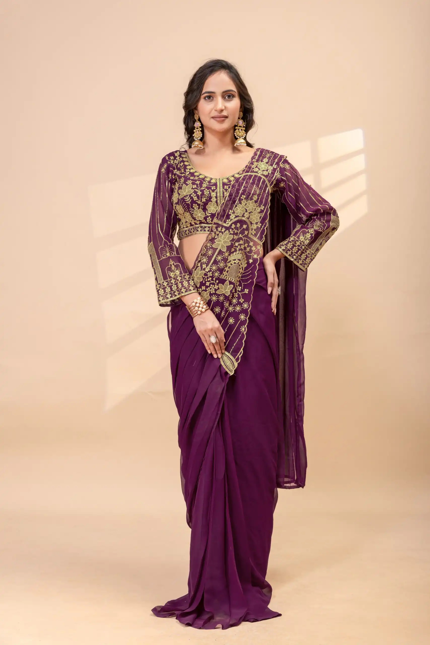Nice Wine Faux Georgette Embroidery Bead Work Saree