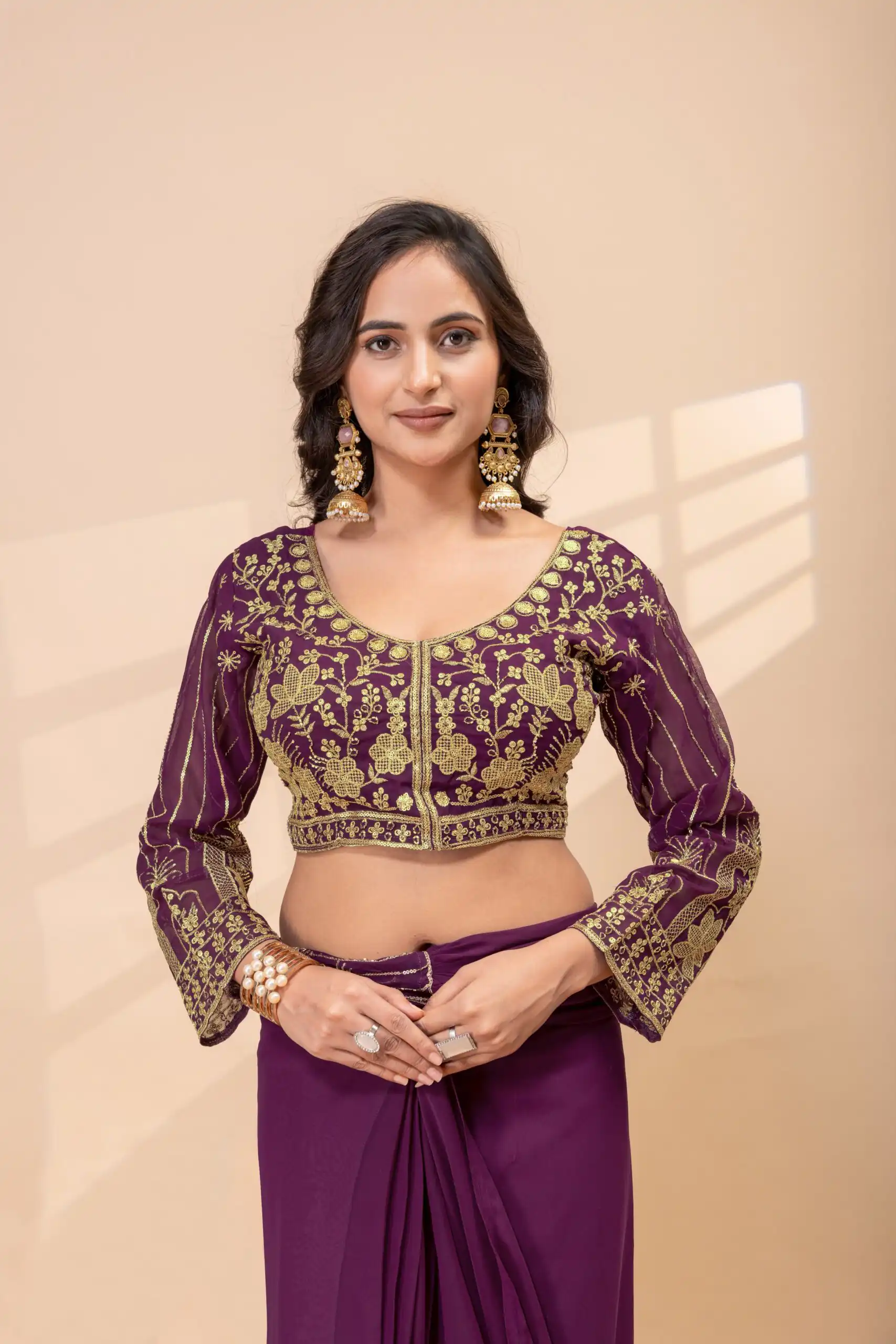 Nice Wine Faux Georgette Embroidery Bead Work Saree - Image 3