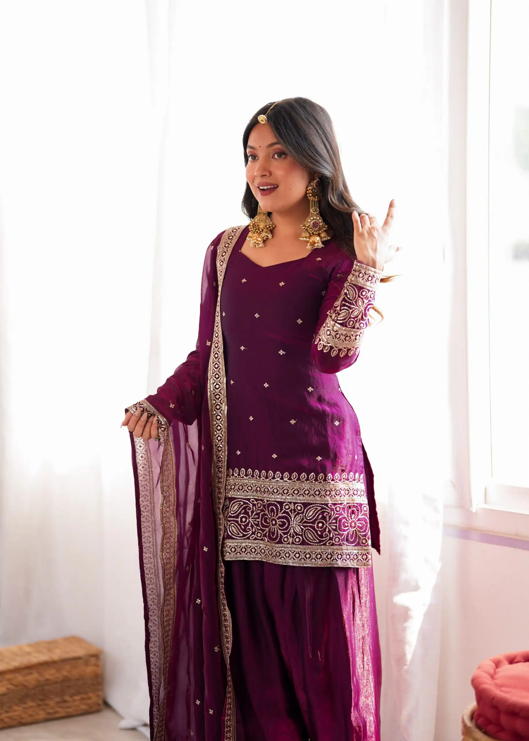 Nice Wine Fendy Silk Embroidery Sequins Work Salwar Suit - Image 7