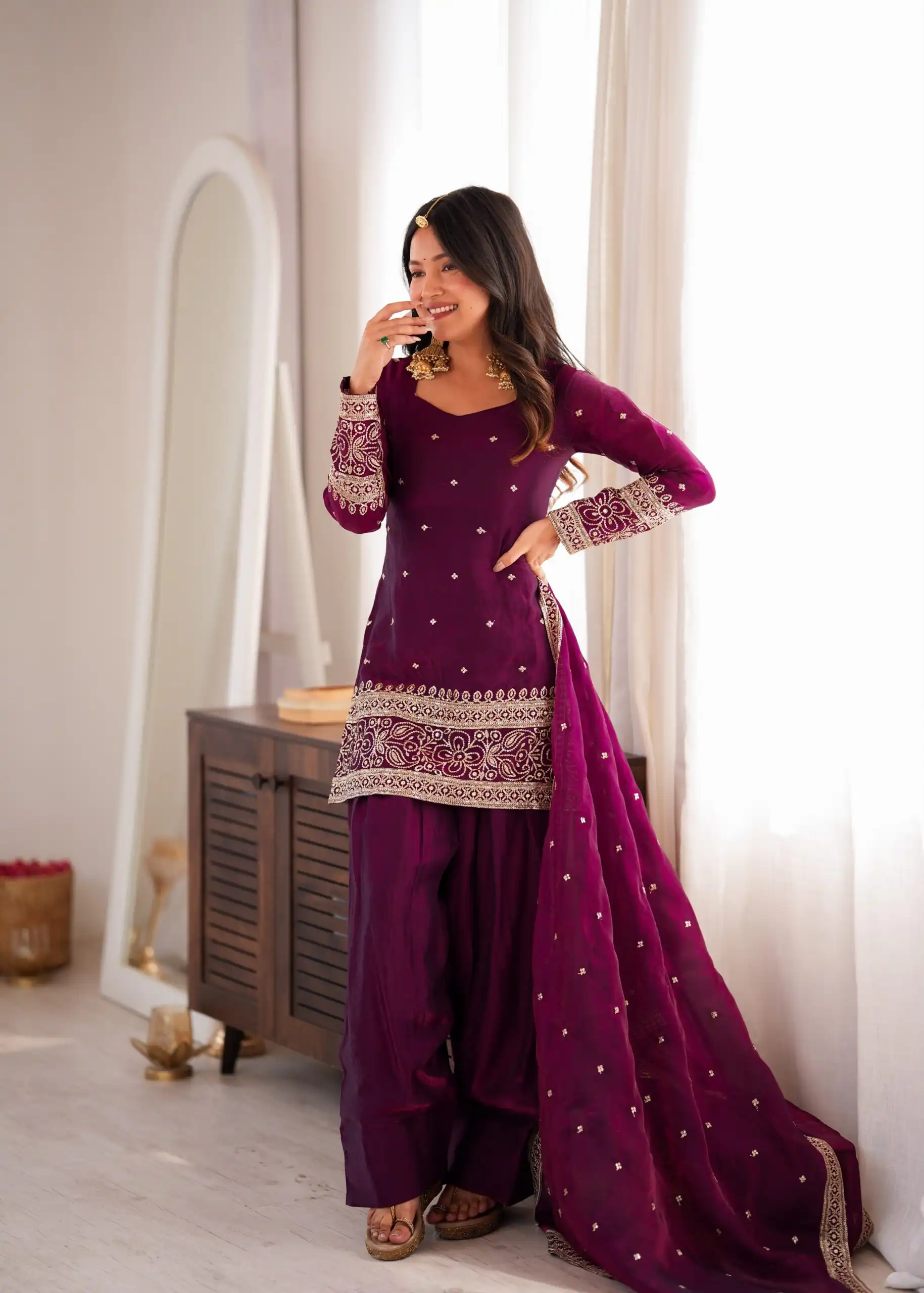 Nice Wine Fendy Silk Embroidery Sequins Work Salwar Suit - Image 4