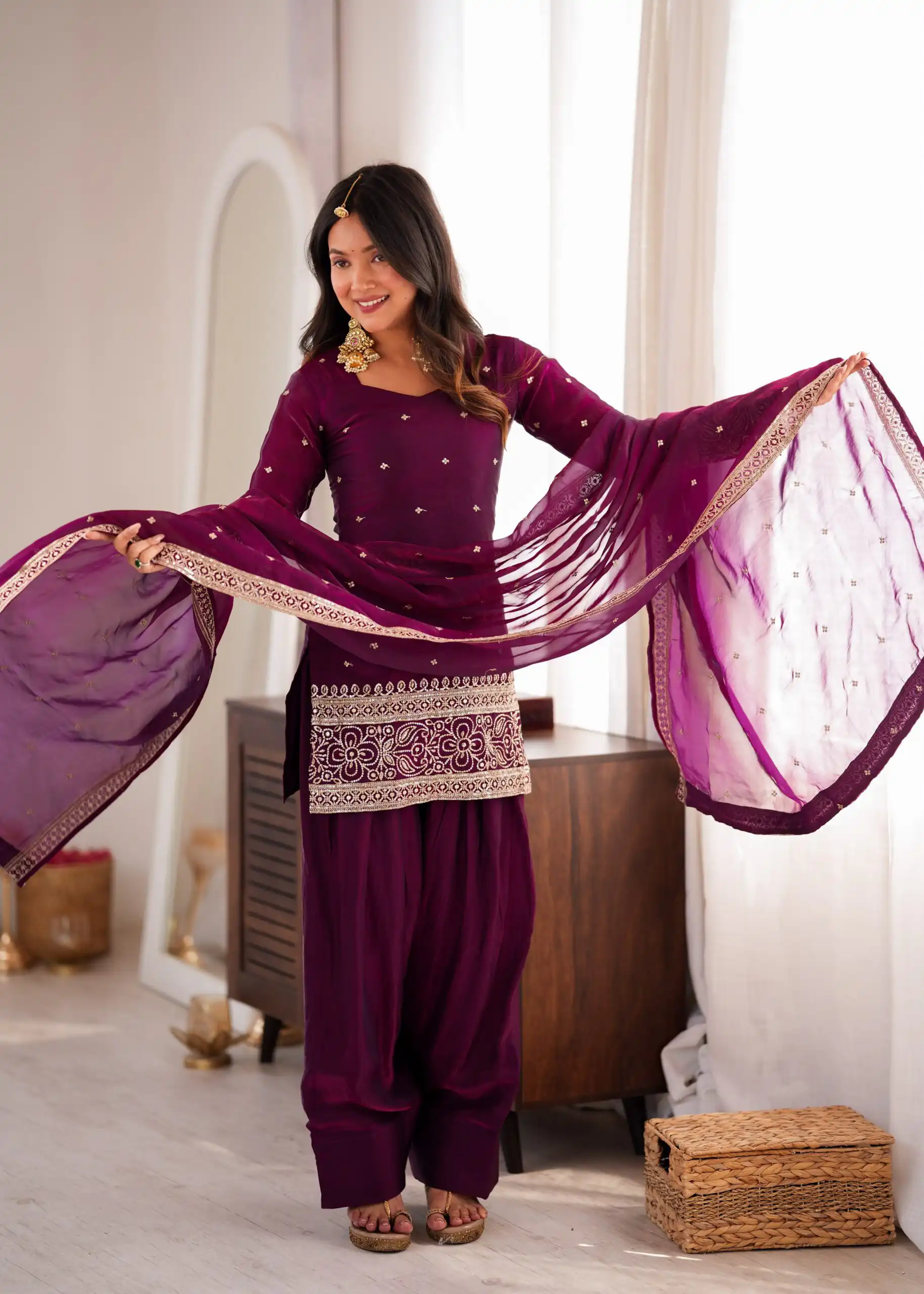 Nice Wine Fendy Silk Embroidery Sequins Work Salwar Suit - Image 3