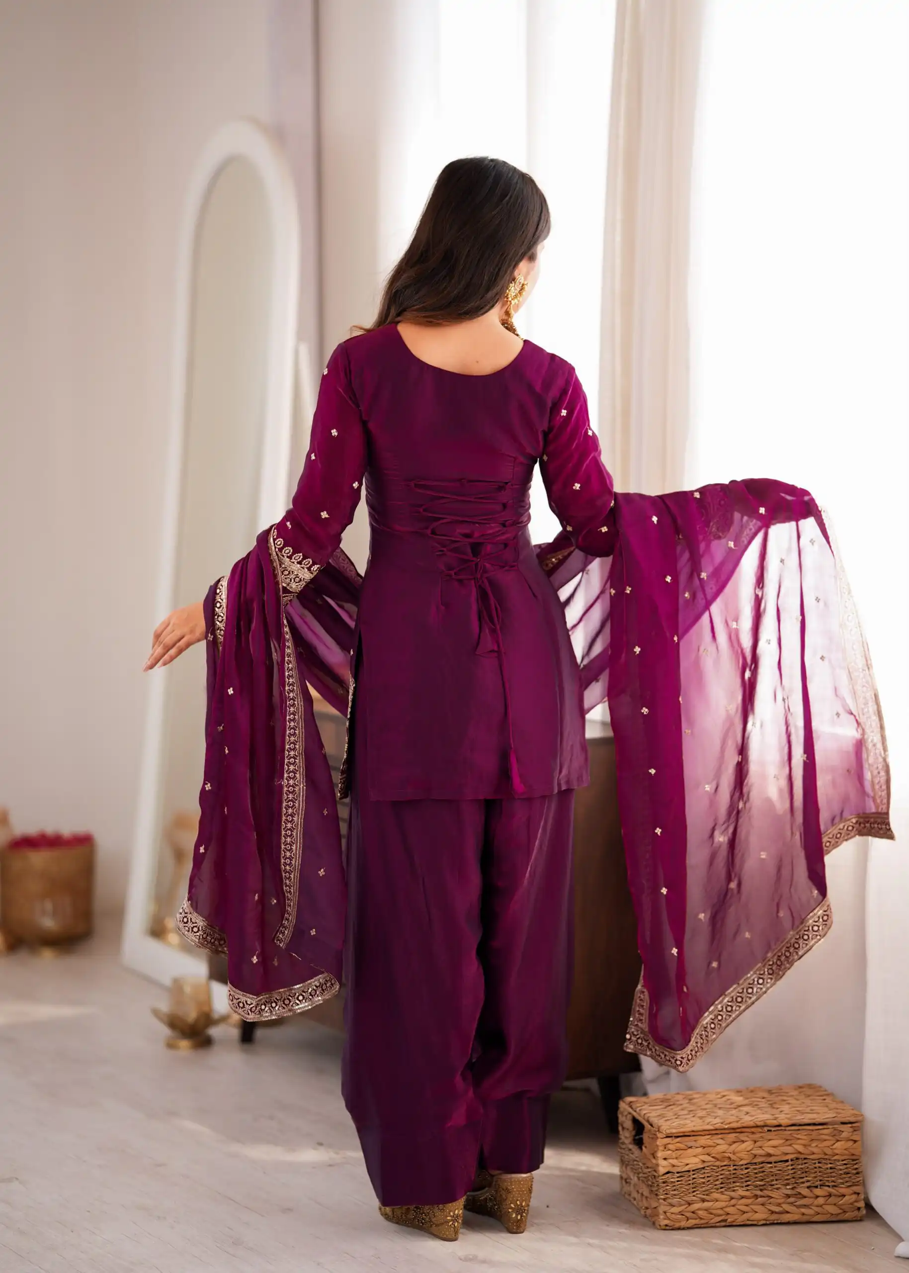Nice Wine Fendy Silk Embroidery Sequins Work Salwar Suit - Image 8
