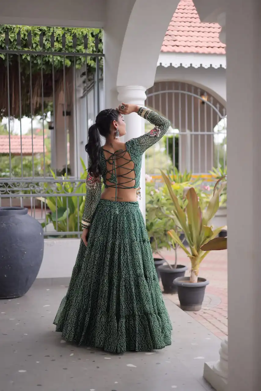 Perfect Green Faux Georgette Print Embroider Work Lehenga Choli - Image 4