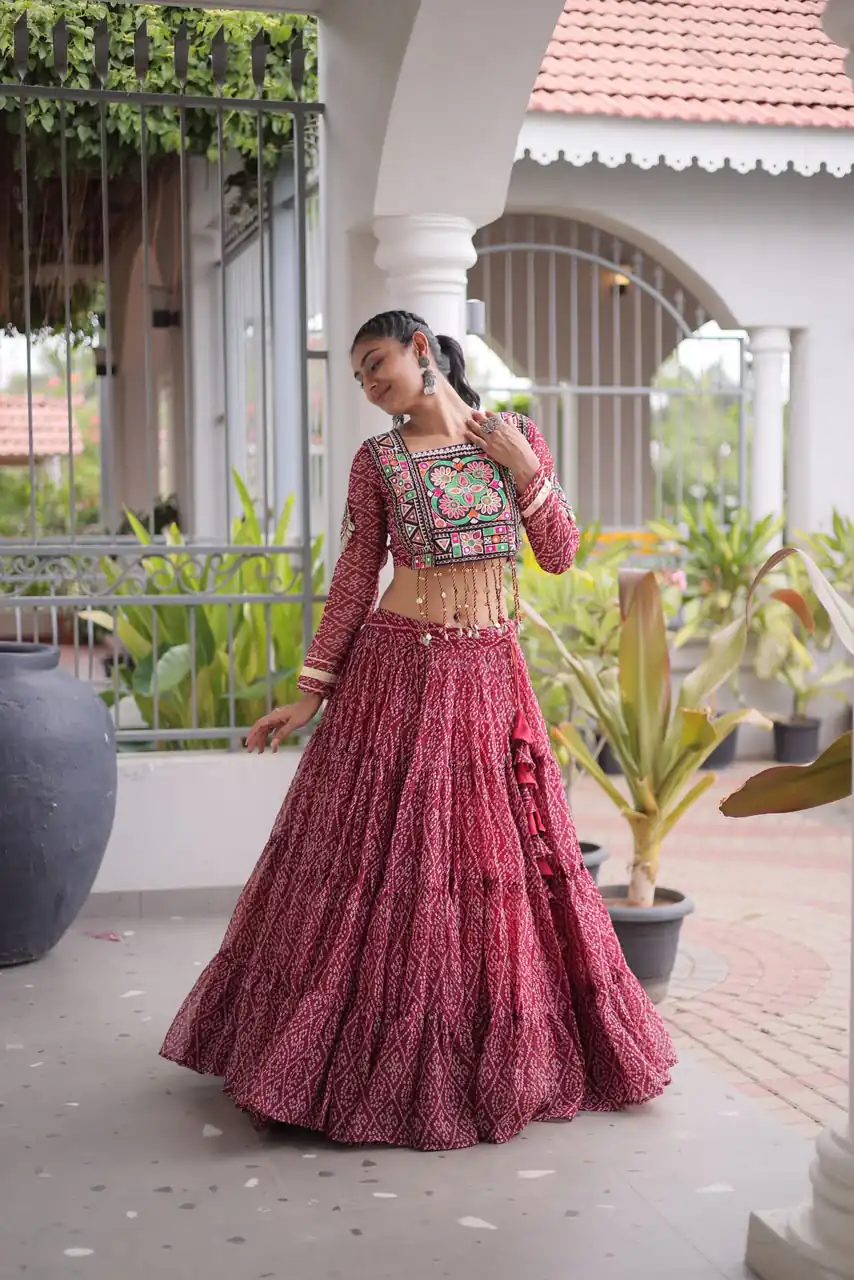 Perfect Maroon Faux Georgette Print Embroider Work Lehenga Choli - Image 6