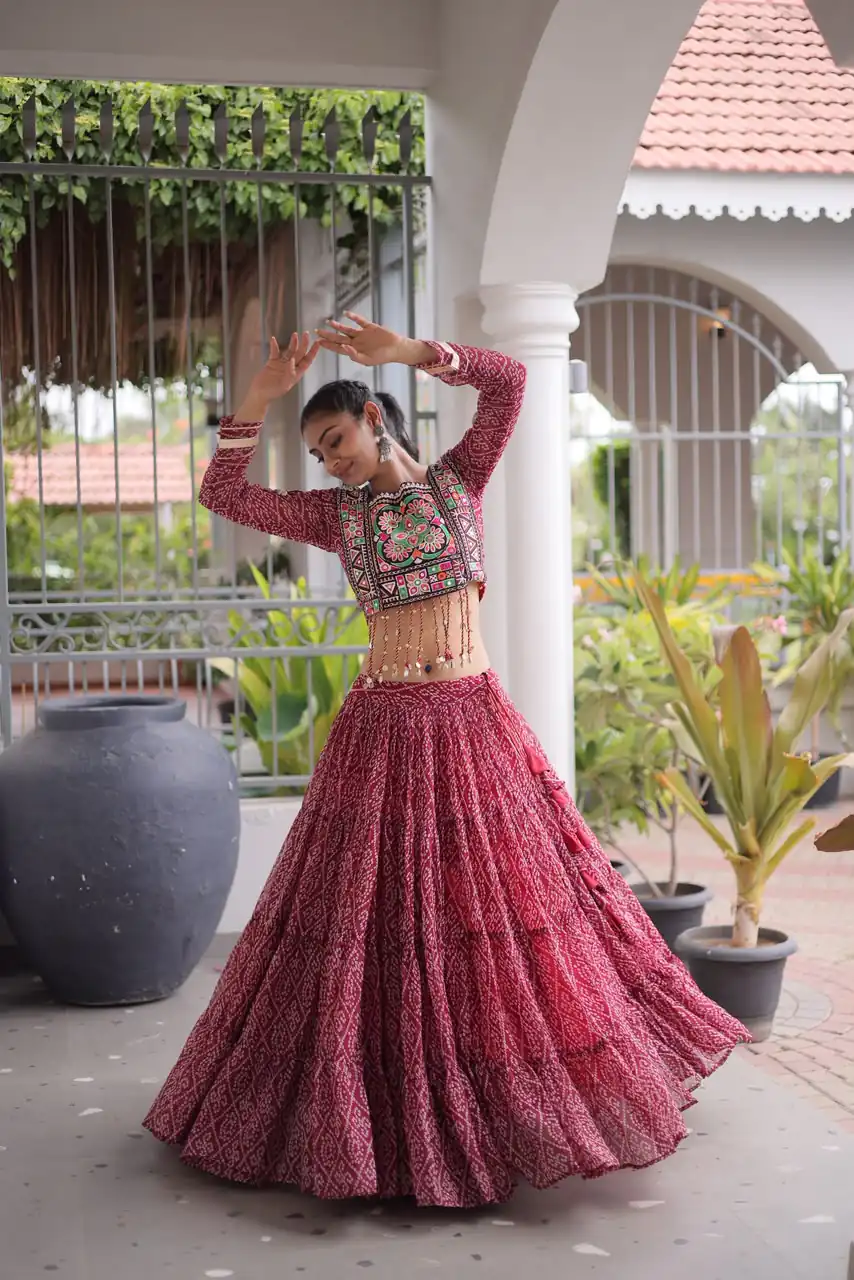Perfect Maroon Faux Georgette Print Embroider Work Lehenga Choli - Image 3