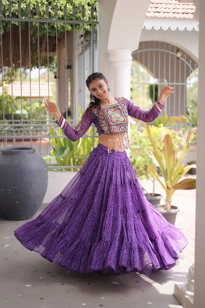 Perfect Purple Faux Georgette Print Embroider Work Lehenga Choli - Image 3