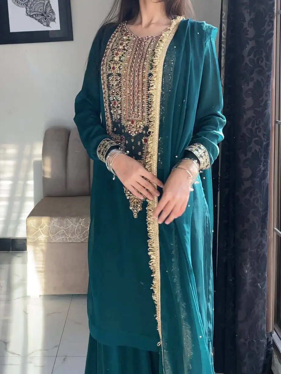 Perfect Teal Fox Georgette Embroidery Work Salwar Suit - Image 6