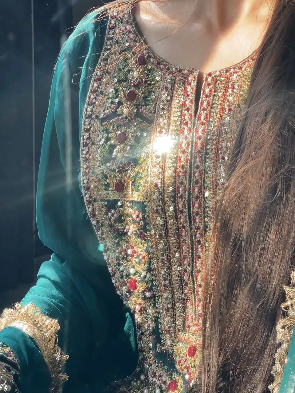 Perfect Teal Fox Georgette Embroidery Work Salwar Suit - Image 5