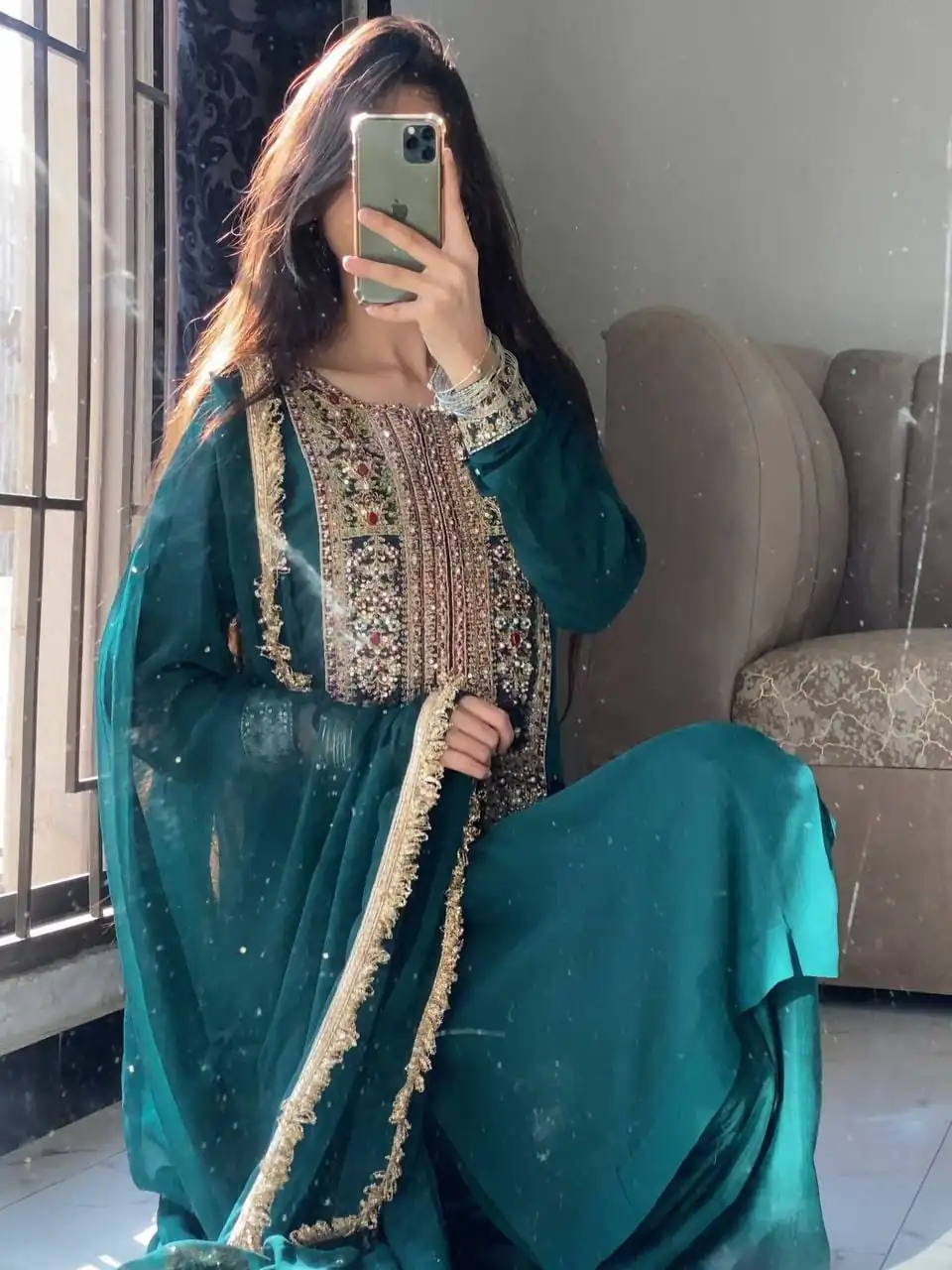 Perfect Teal Fox Georgette Embroidery Work Salwar Suit