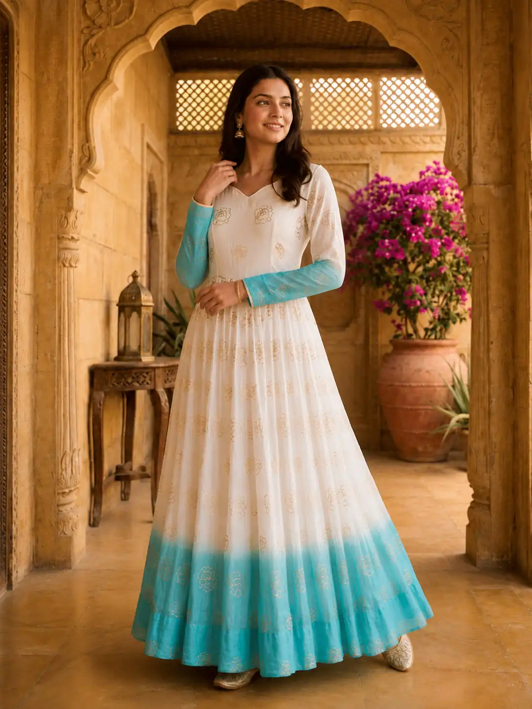 Pretty Blue Silver Crunchy Sequins Work Gown